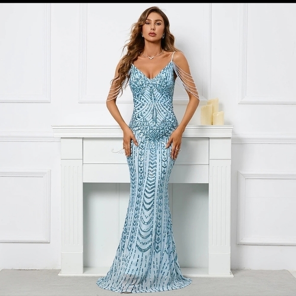 Blue, Geometric Print, Strapless,  Sleeveless, Beaded,   Contrast Sequin… - Picture 9 of 16